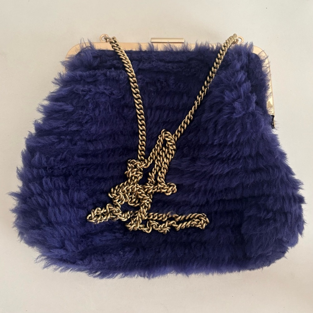 Clare V. Shearling Frame Bag – Navy Blue, Gold Chain Strap